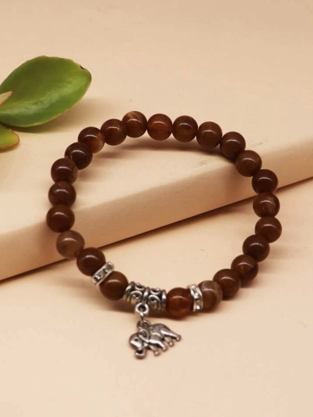 Brown Cat Eye Bead Elephant Charm Stretch Bracelet
